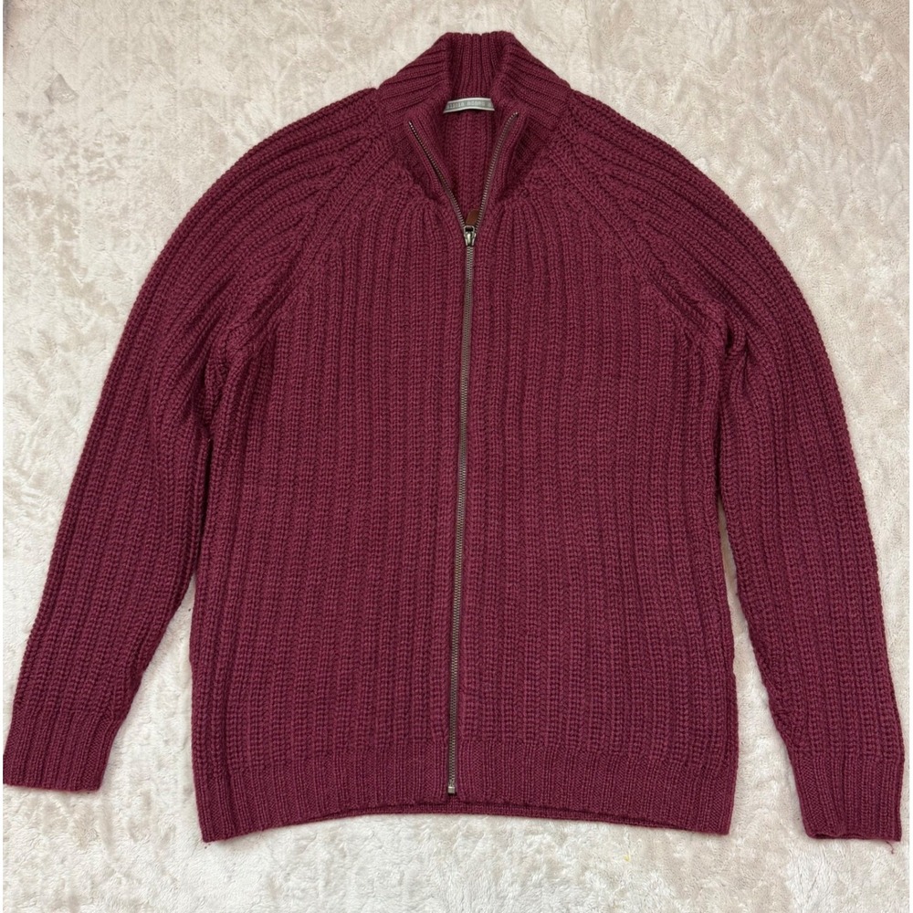 Alicia Adams Alpaca Mens Burgundy Ribbed Full Zip Cardigan Sweater Medium 100%